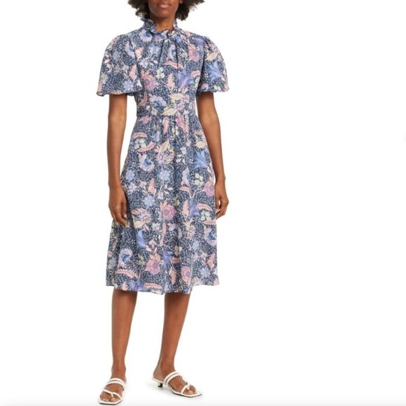 Julia Jordan Blue Floral Ruffle Neck Bell Sleeve Fit & Flare Midi Dress Sz 16 - Picture 1 of 16